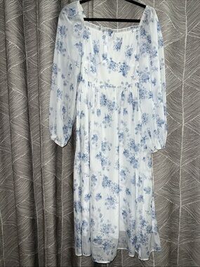 White Midi Dress with Blue Floral Print